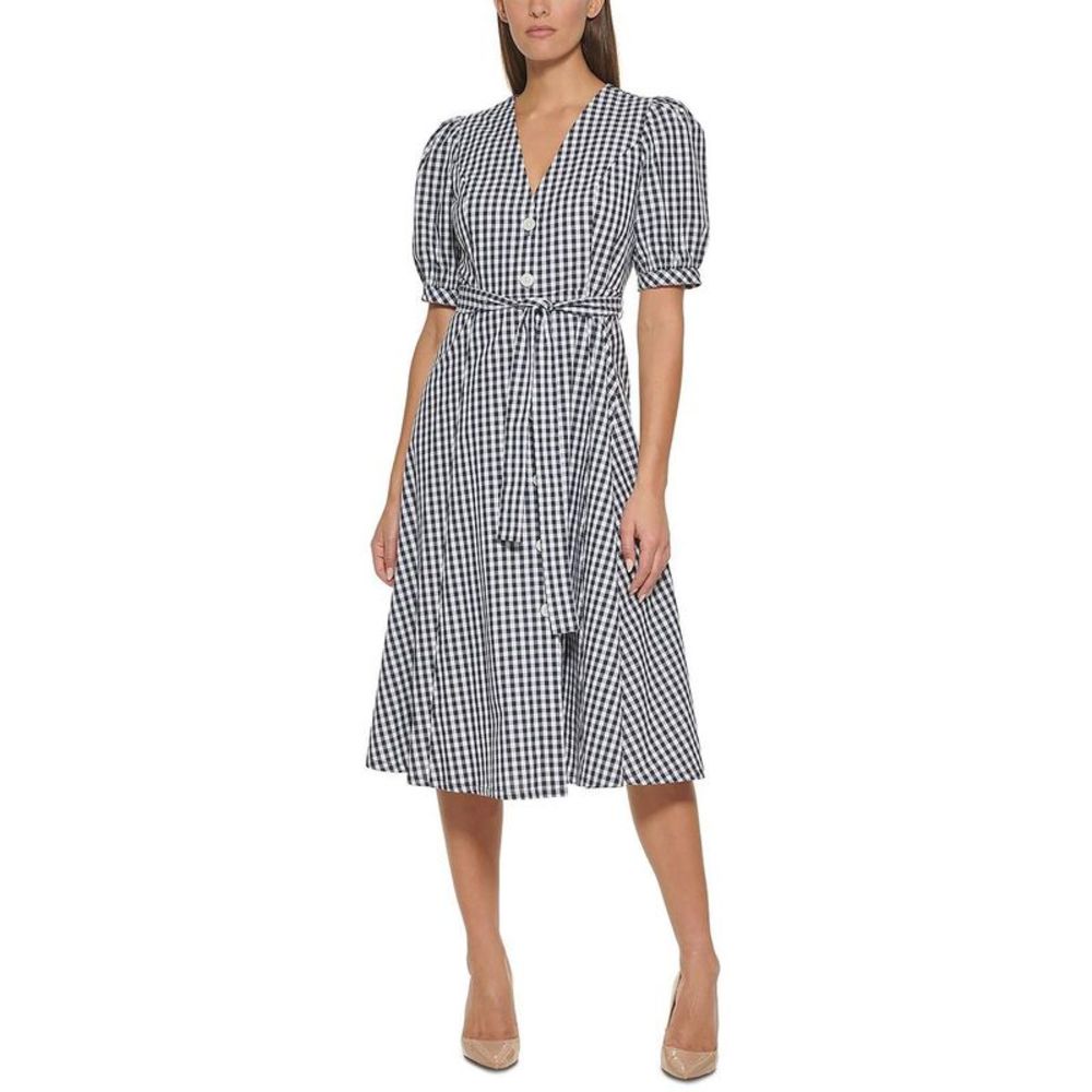 Tommy Hilfiger Womens Navy Gingham Elbow Sleeves Daytime Midi Dress